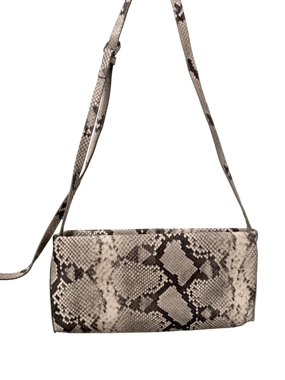 Snake-Print Convertible Clutch/  Crossbody Bag in Taupe
